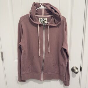 Peace Love World Women's Dark Pink Hooded Full‎ Zip Sweatshirt Size Medium